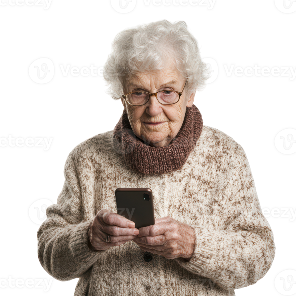 Elderly Woman Holding Phone for Communication Transparent Background. png