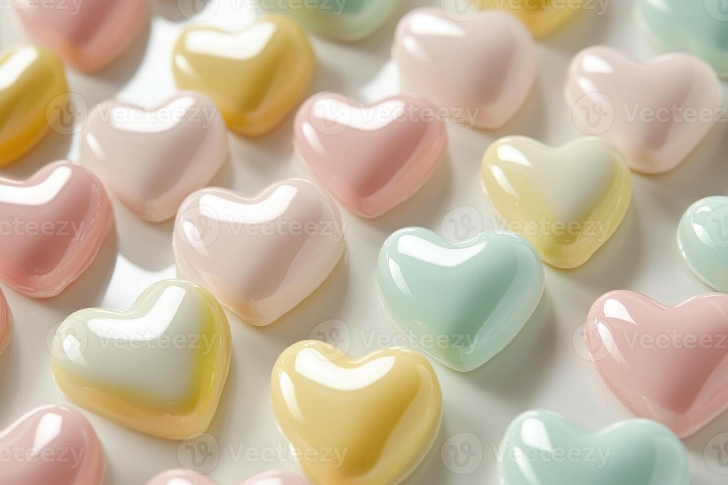 Glossy pastel hearts in soft shades scattered closely on a reflective surface. photo
