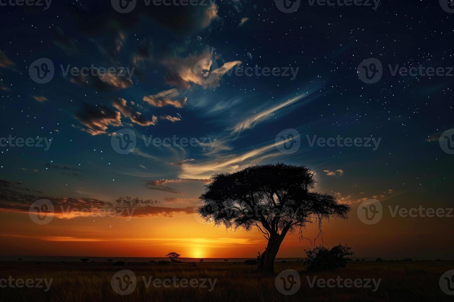 A lone tree silhouetted against a fiery African sunset with a starry night sky. photo