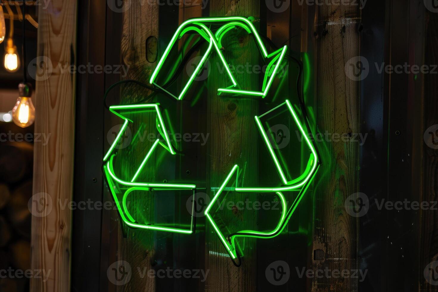 A glowing neon recycling symbol mounted on a wooden wall with warm lighting. photo