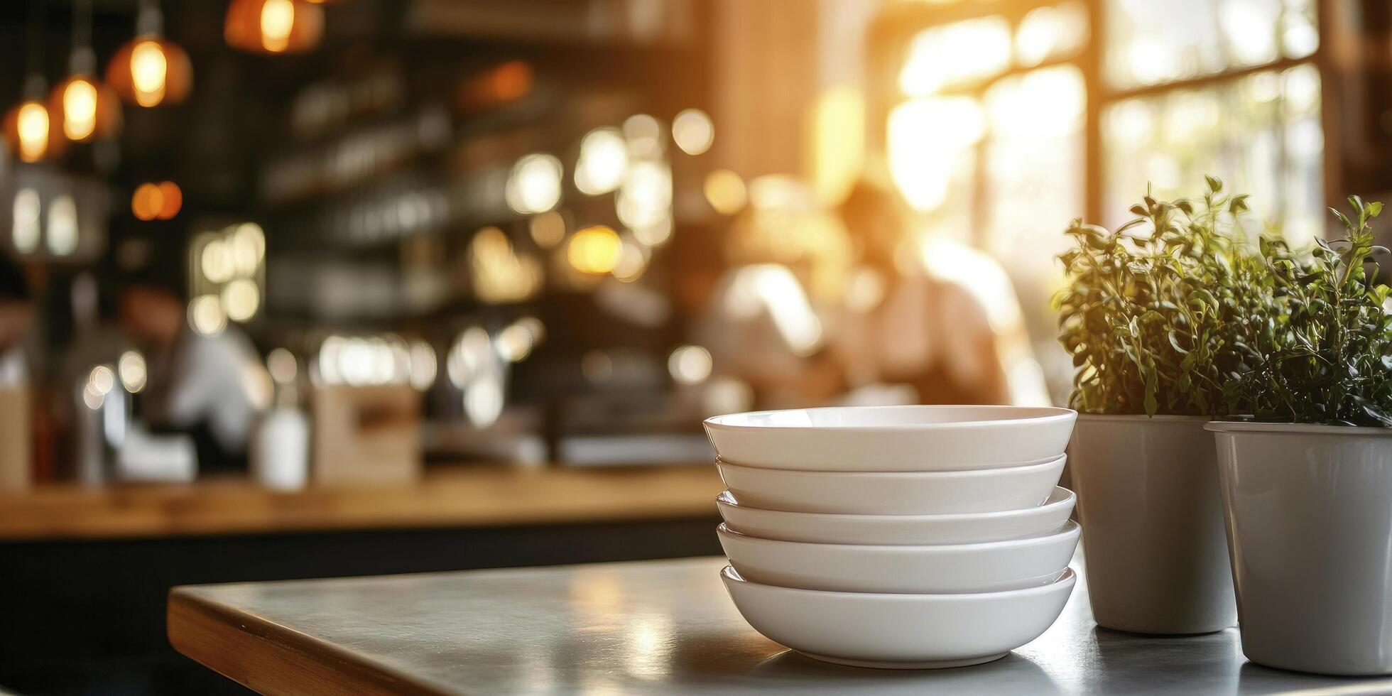 A stack of white plates on the counter in an urban restaurant with a blurred bright background photo
