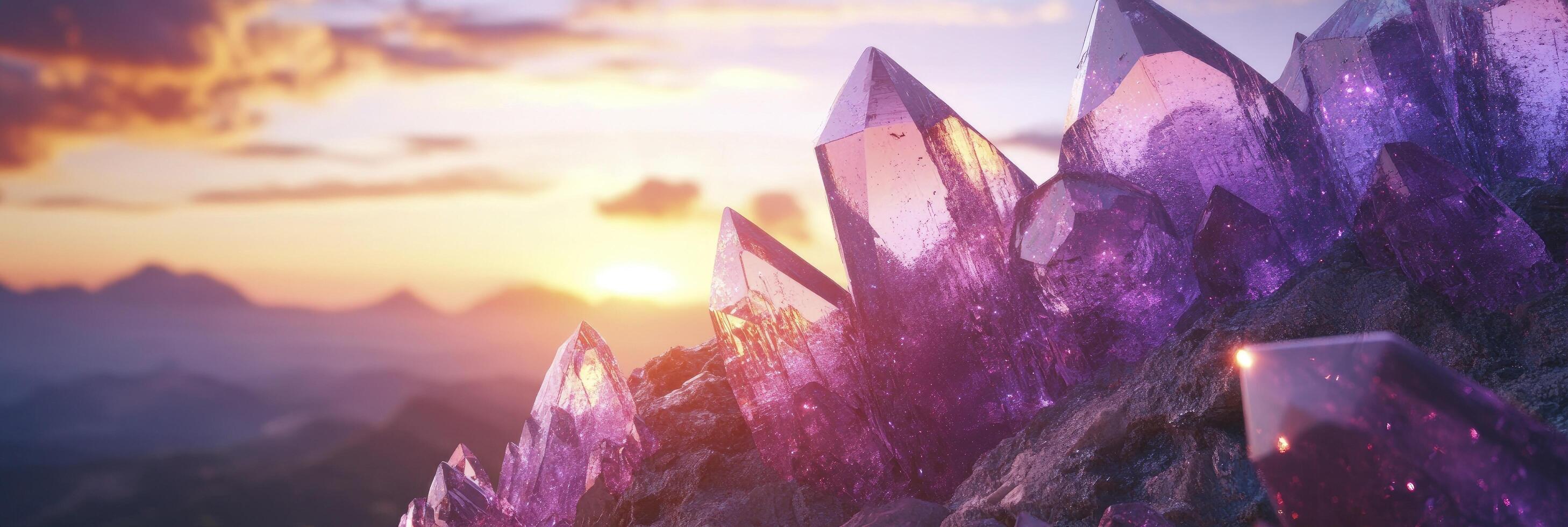 A mountain of sparkling pink and purple crystals, with a sunset in the background photo
