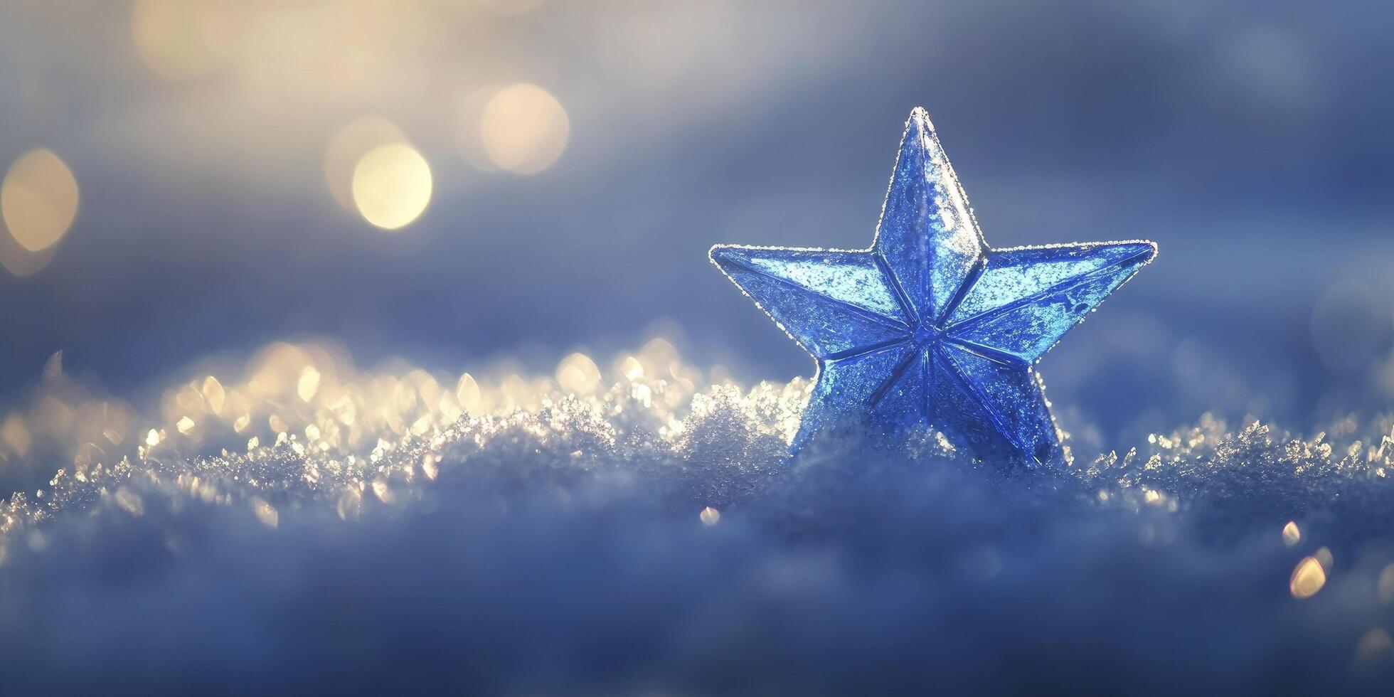 A blue star on the snow, crystal clear and sparkling. photo