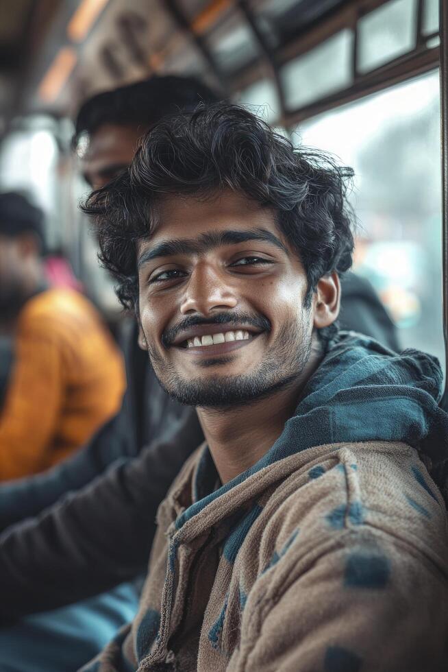 young Indian man sitting on a bus, smiling at the camera with his friends in the background photo