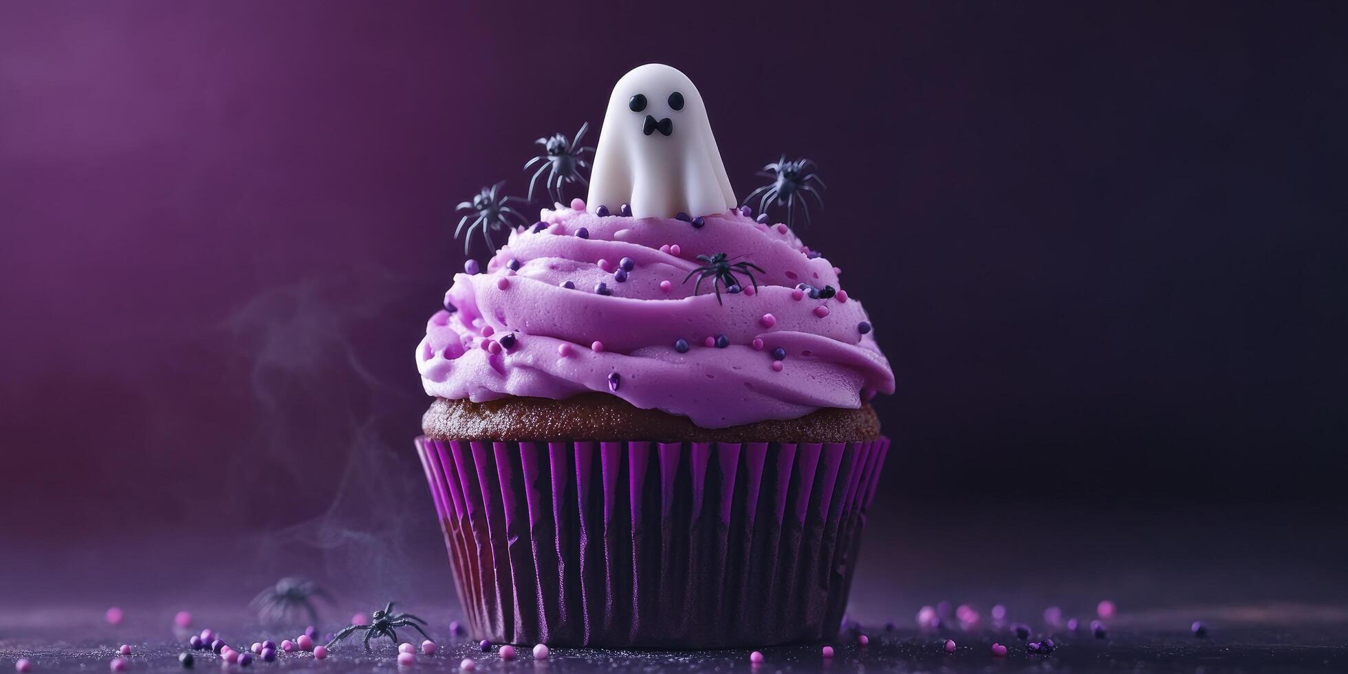 Halloween concept, A spooky, cute cupcake with a ghost topper, sprinkles, and small spiders on top of the frosting in pastel purple colors, dark purple background photo