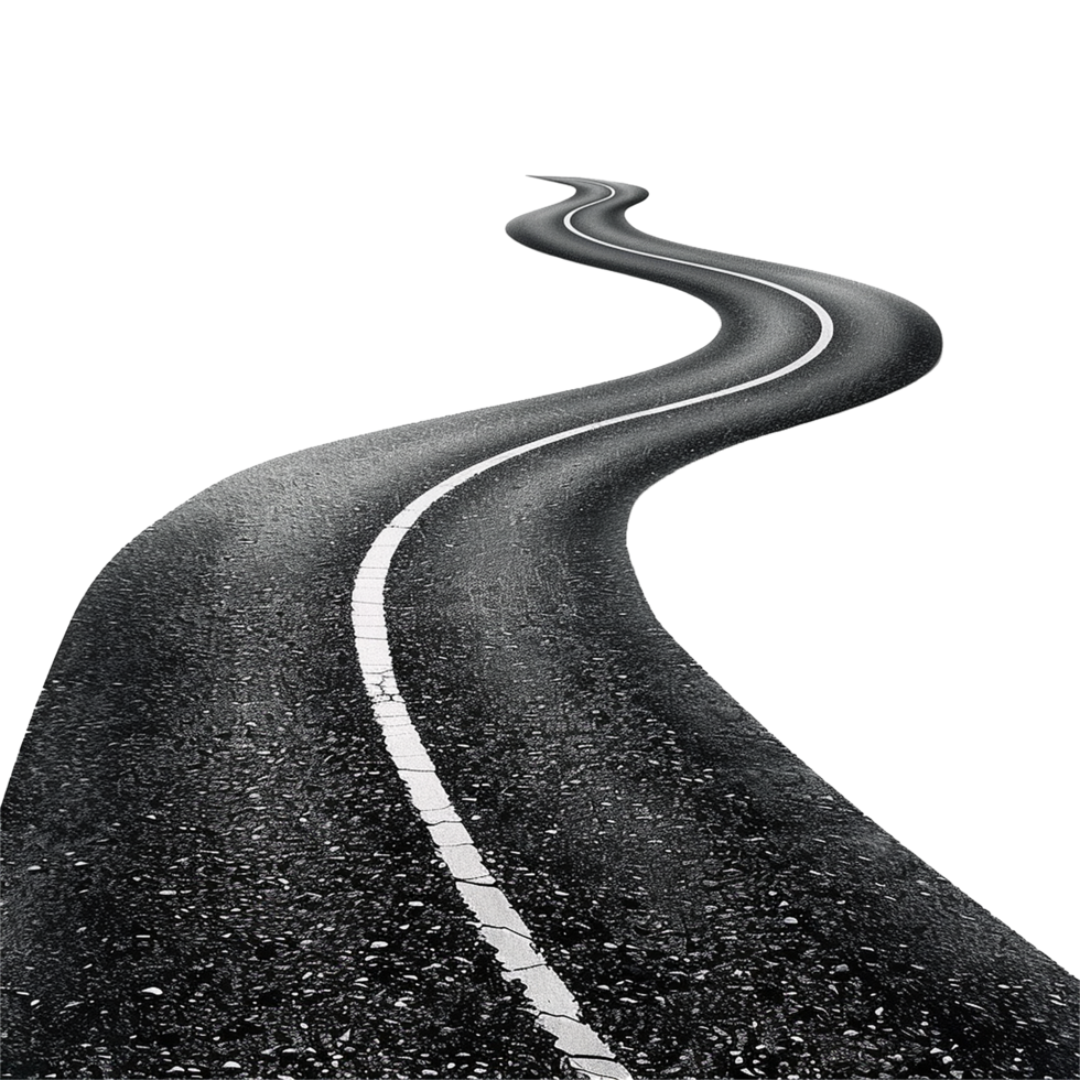 Winding road journey adventure travel asphalt highway lane black white curve perspective png
