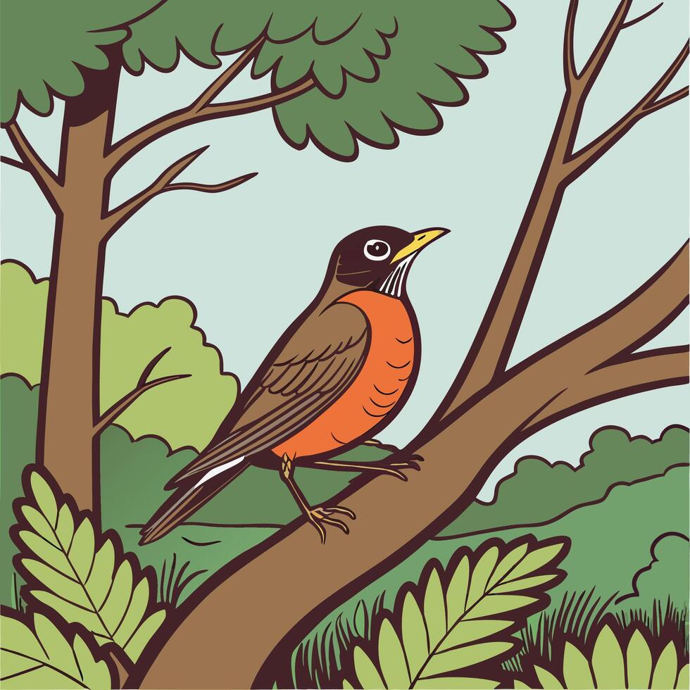 The illustration of american robin bird on tree branches vector
