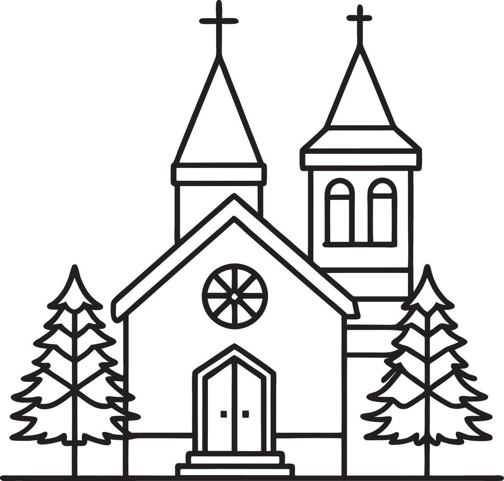 church with trees and a steeple on top vector