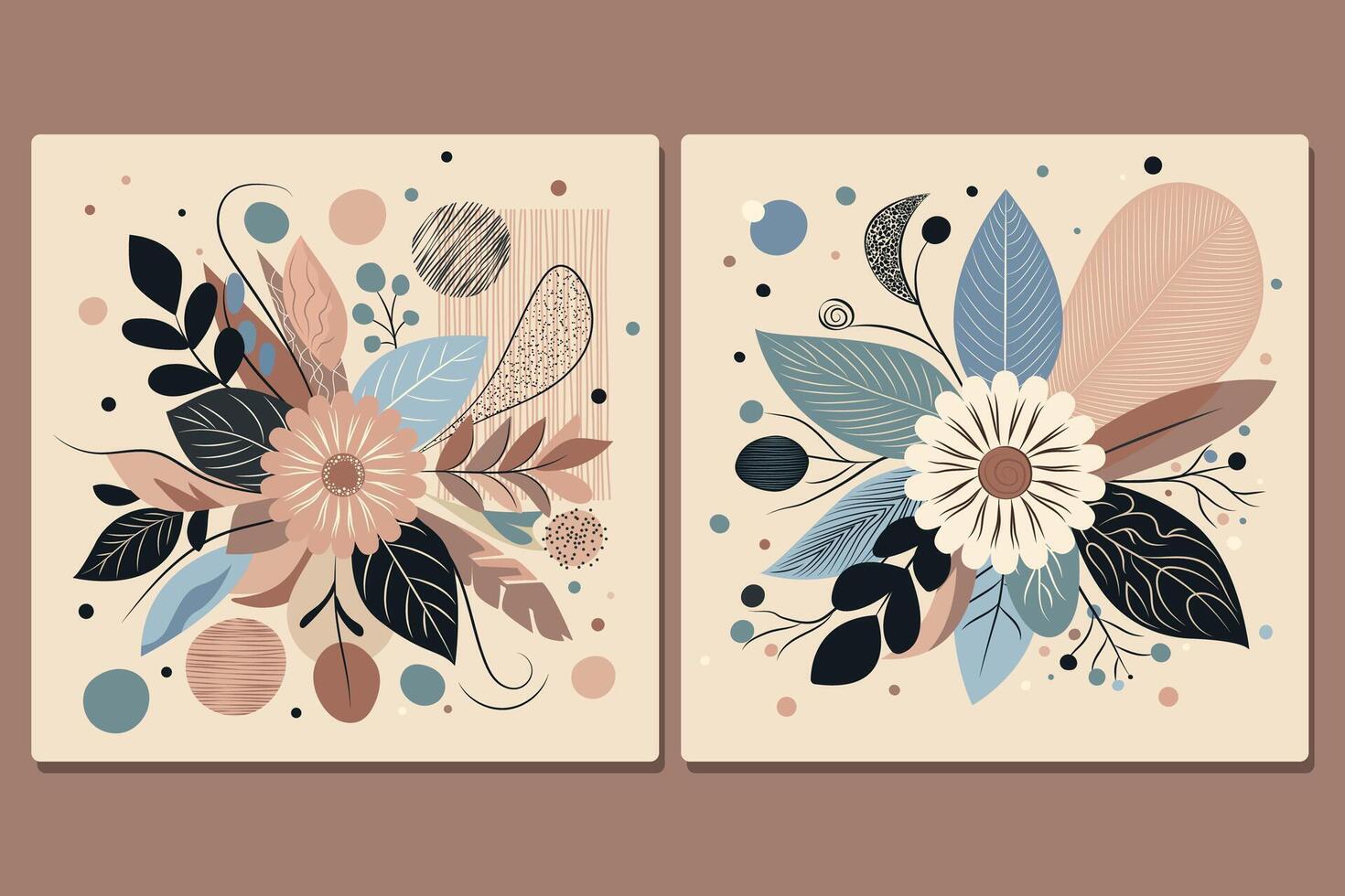 set with flowers and leaves in trendy flat simple style for spring and summer background. Twoarts with plants, leaves, flowers vector