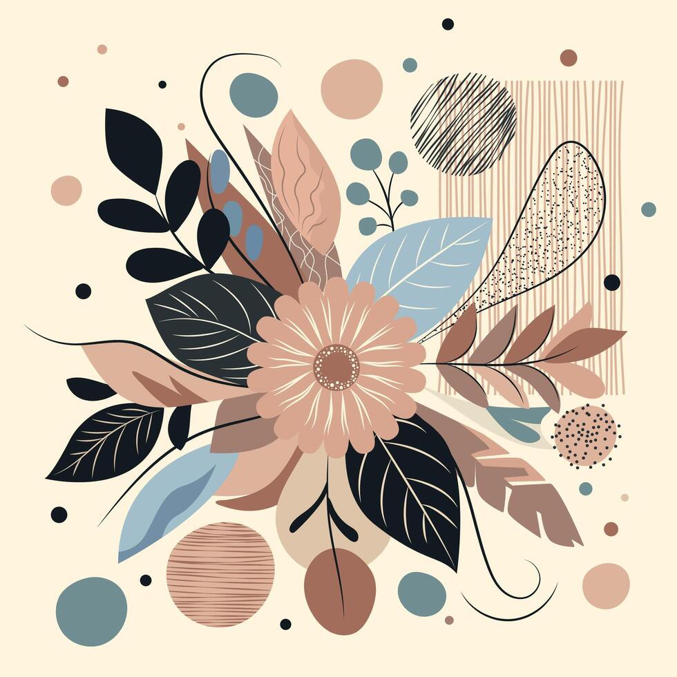 Illustration with big flower and leaves in trendy flat simple style for spring and summer background. art with plants, leaves, flowers vector