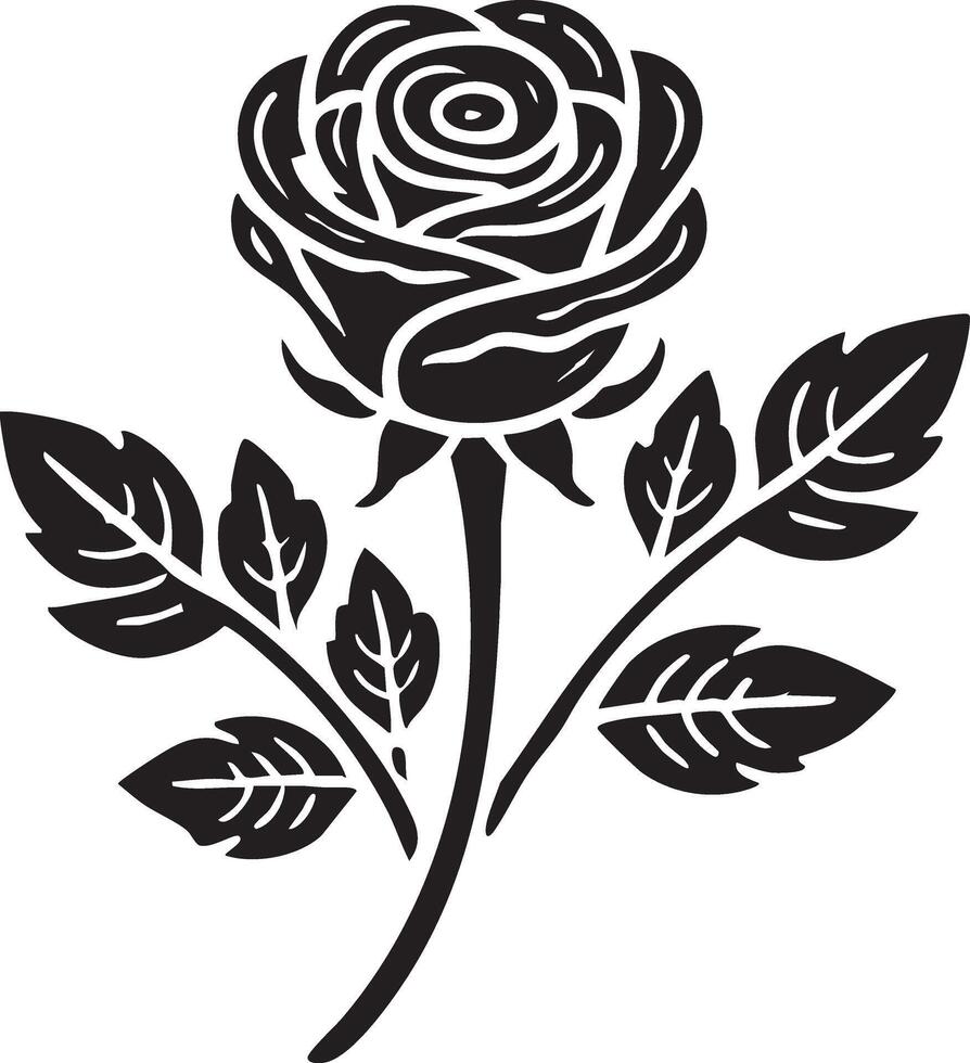 a black and white rose with leaves vector