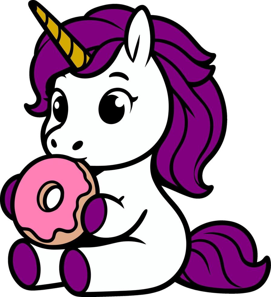 Kawaii Unicorn Enjoying a Donut vector