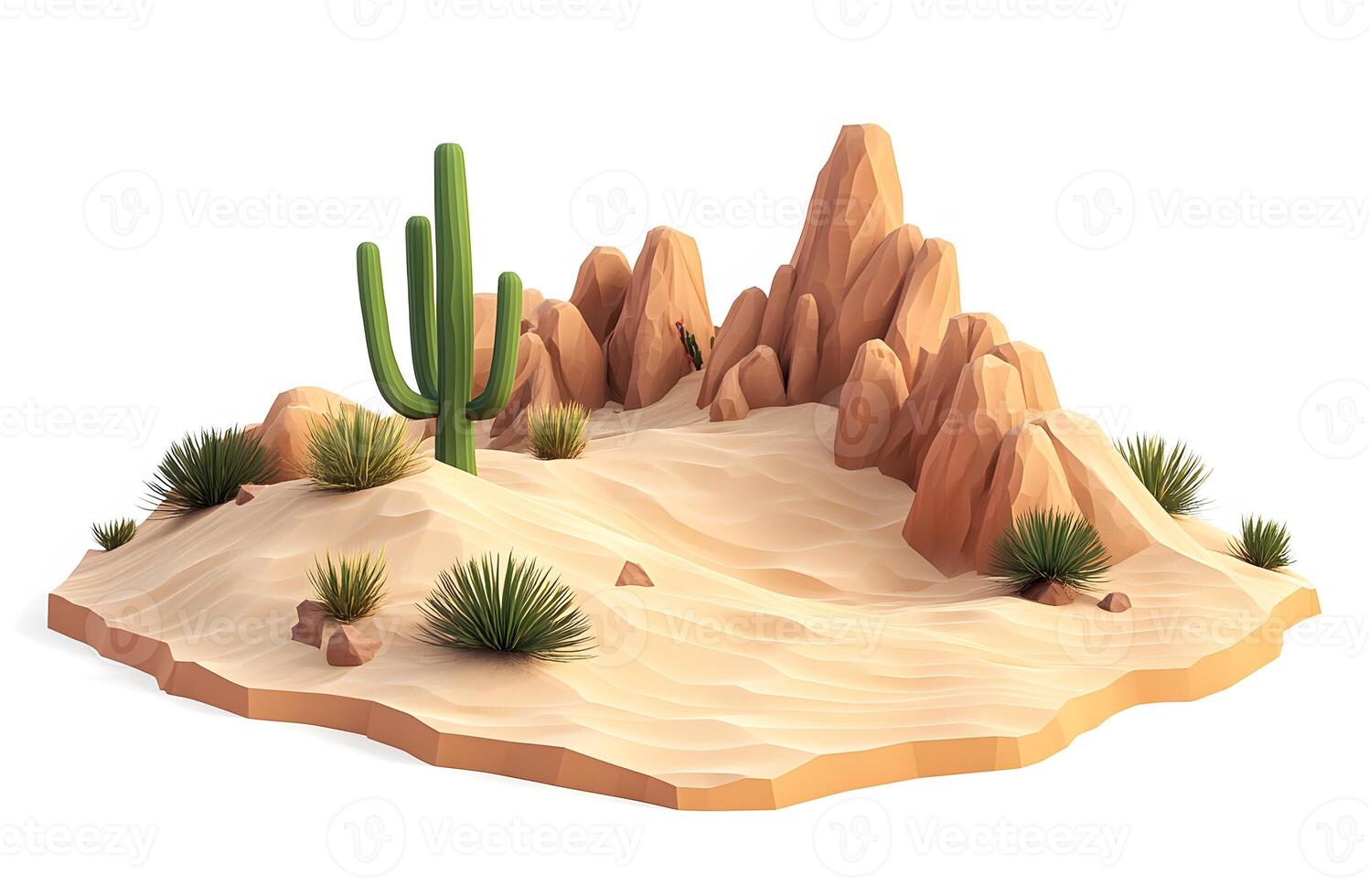 Low Poly Desert Landscape With Cactus And Rocks photo