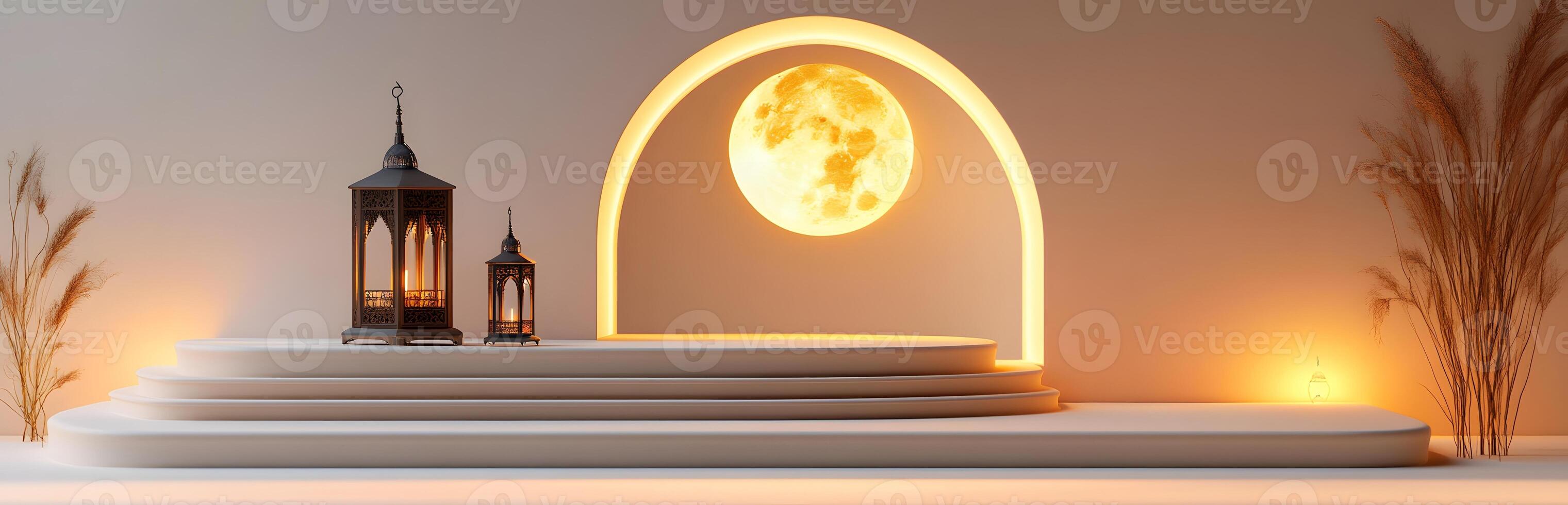 Ramadan lanterns illuminate a tiered display under a full moon photo