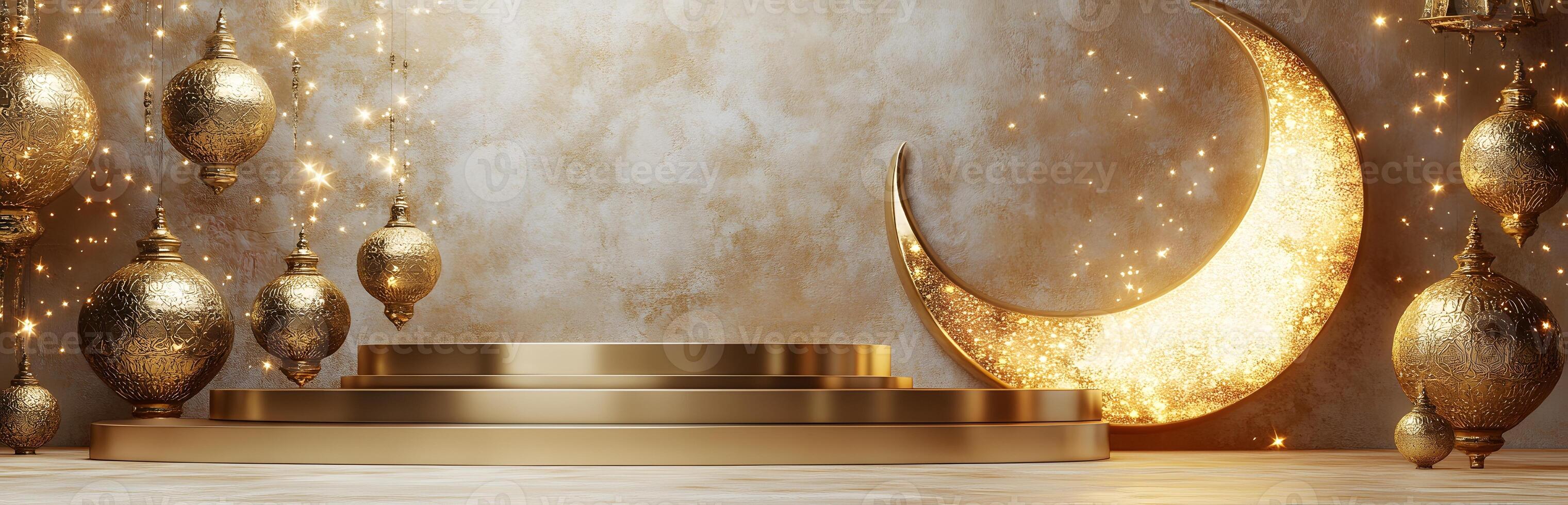 Golden Ramadan Display with Crescent Moon and Lanterns photo