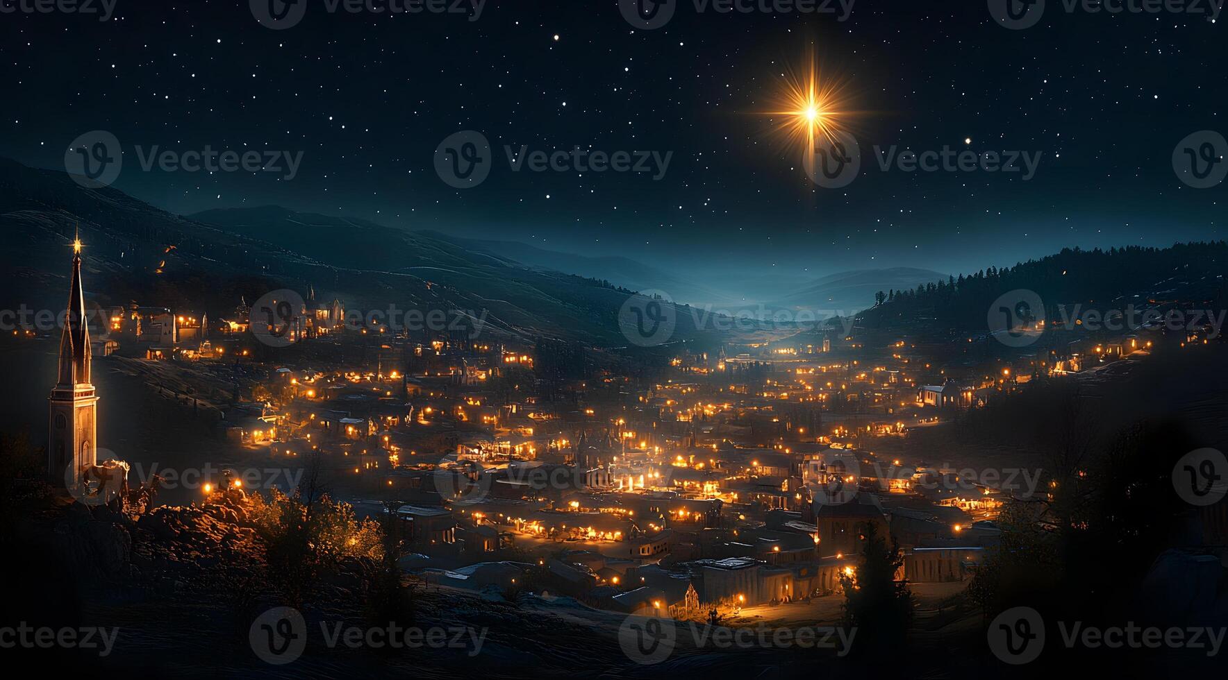 Noche pueblo escena debajo un brillante estrella foto