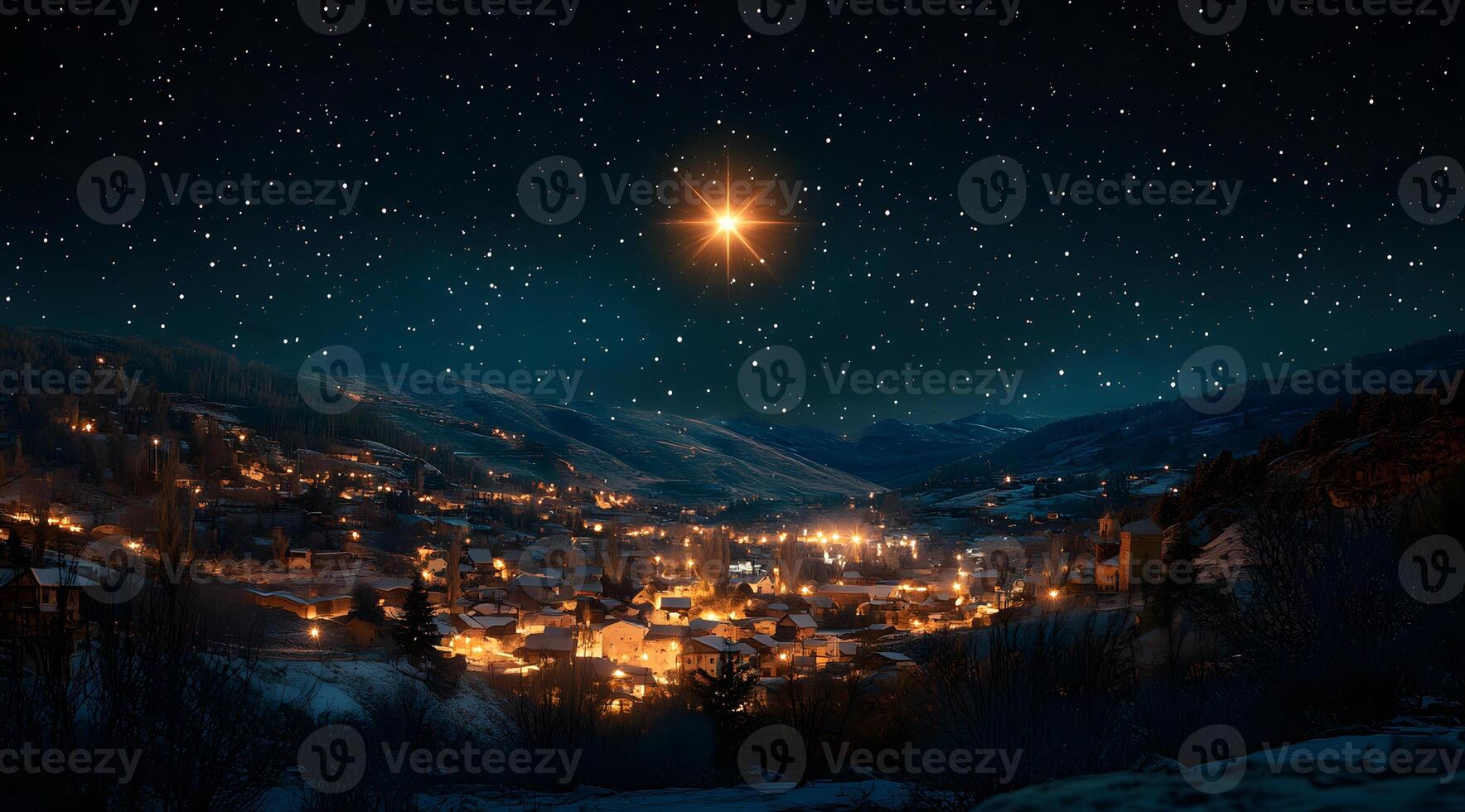 iluminado por las estrellas noche ilumina Nevado pueblo anidado en montañas foto