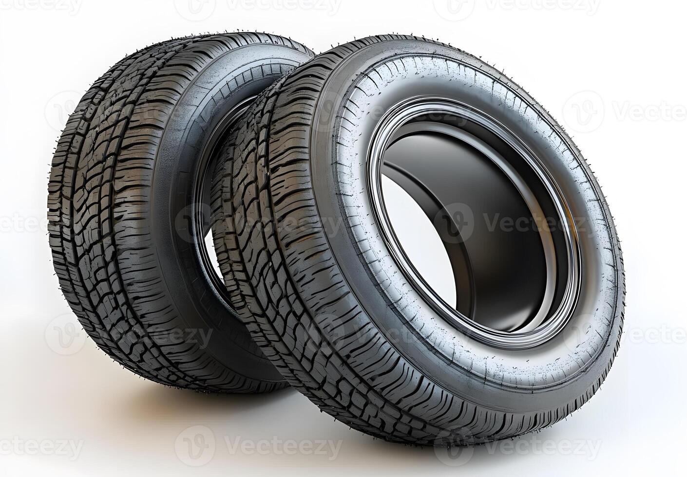 Two Worn Car Tires Resting Side By Side photo