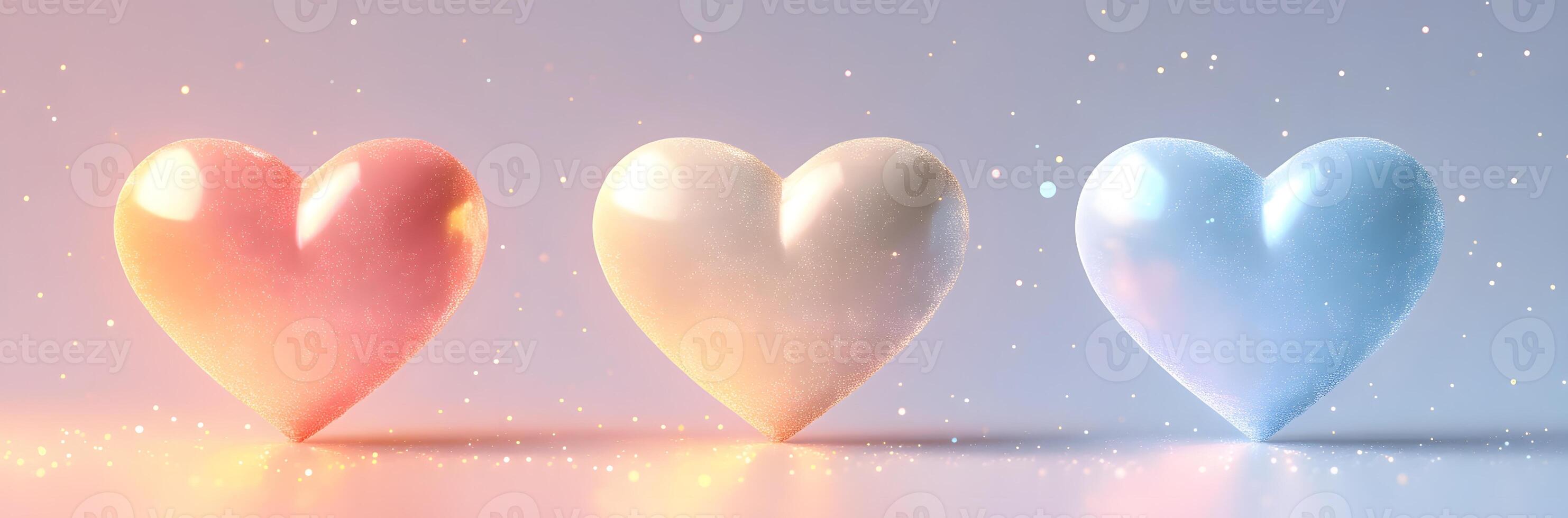 Three pastel hearts sparkle softly on a light background photo