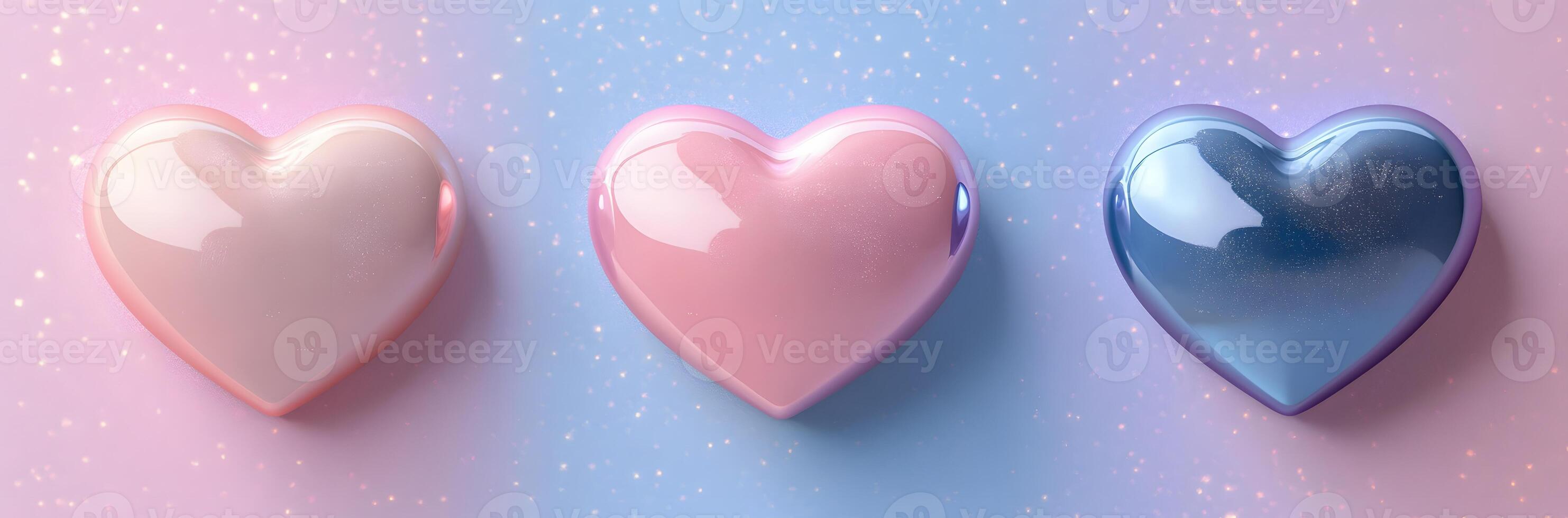 Three glossy hearts in pastel colors on a sparkly background photo