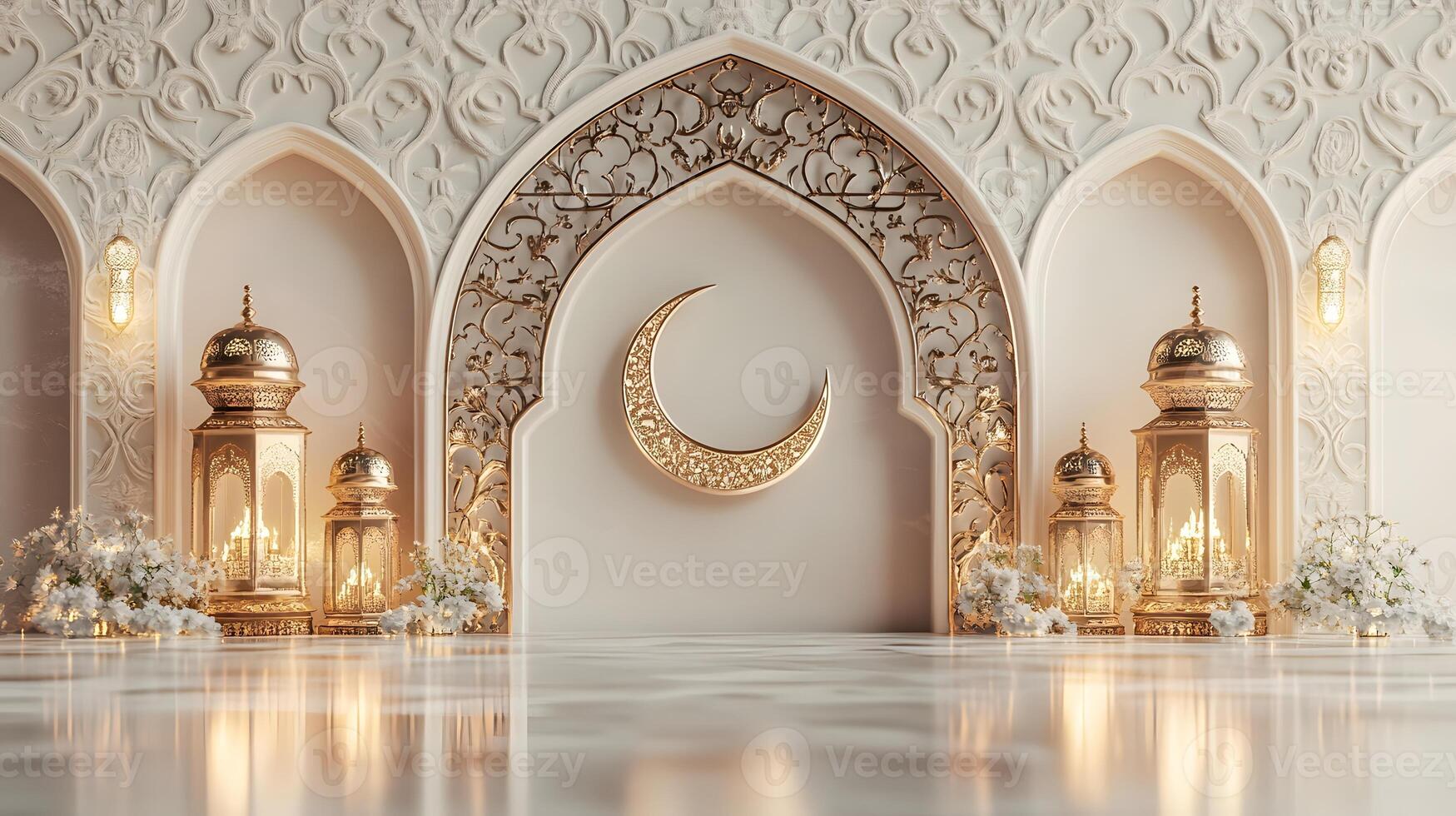 Elegant Islamic Ramadan Decor With Golden Lanterns And Crescent Moon photo