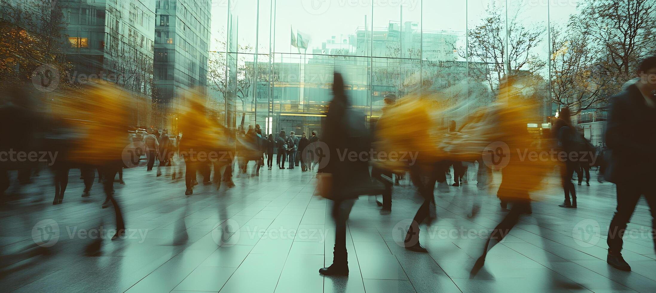 Blurry City Crowds Walking Past Modern Buildings photo