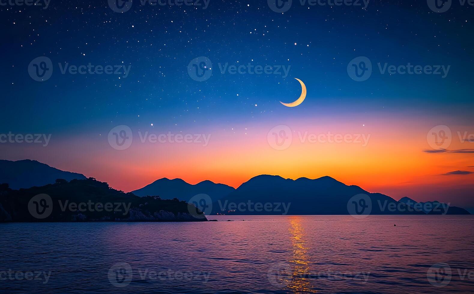 Serene Sunset Landscape With Crescent Moon And Stars photo