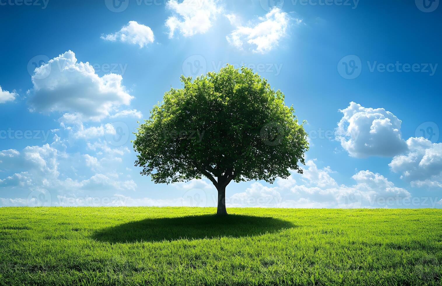 Green tree stands alone in a grassy field under a blue sky photo