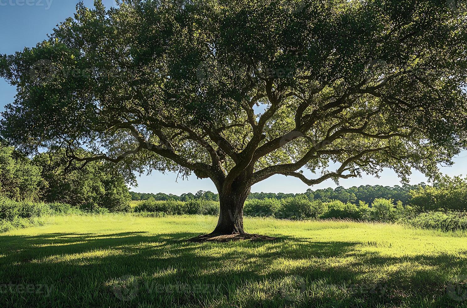 Majestic Oak Tree Stands Tall In Sunny Field photo