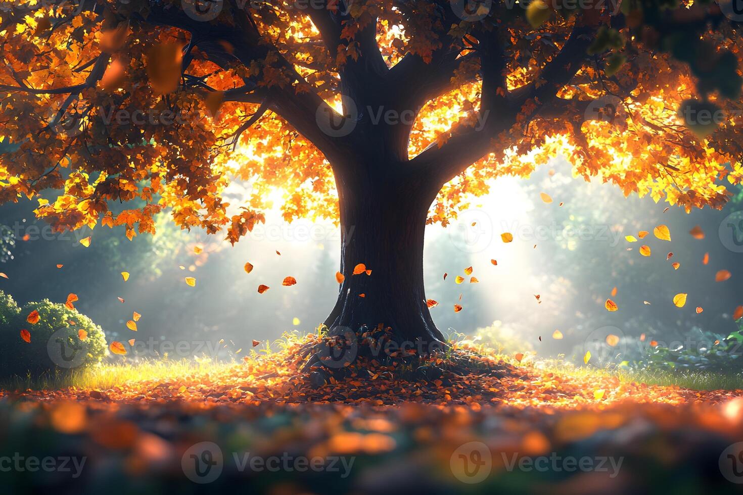 Majestic Autumn Tree with Falling Golden Leaves photo