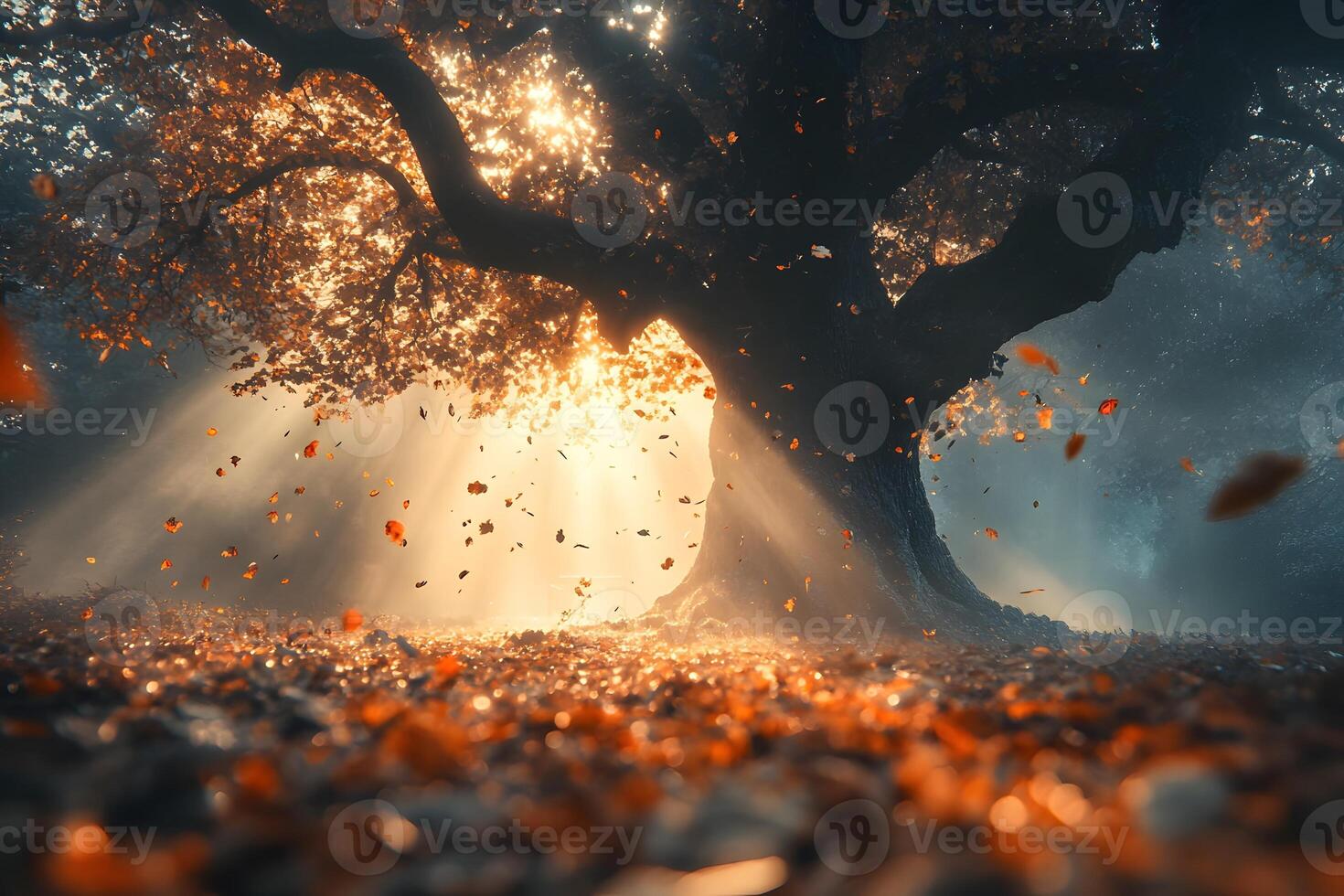 Autumn Sunlight Illuminates Ancient Tree And Falling Leaves photo