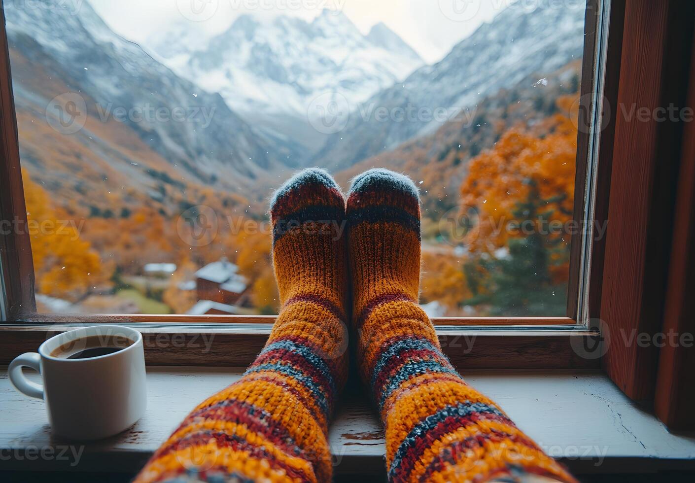 Cozy Autumn Mountain View From Window With Warm Socks photo