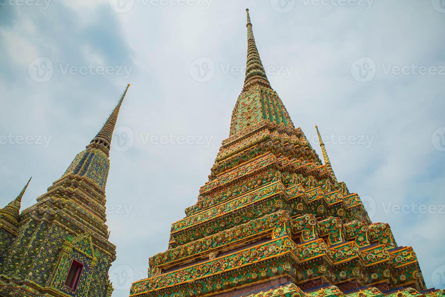 The aerial view of One of the oldest temples in Bangkok, Thailand, is known as the Wat Pho Pagoda. photo