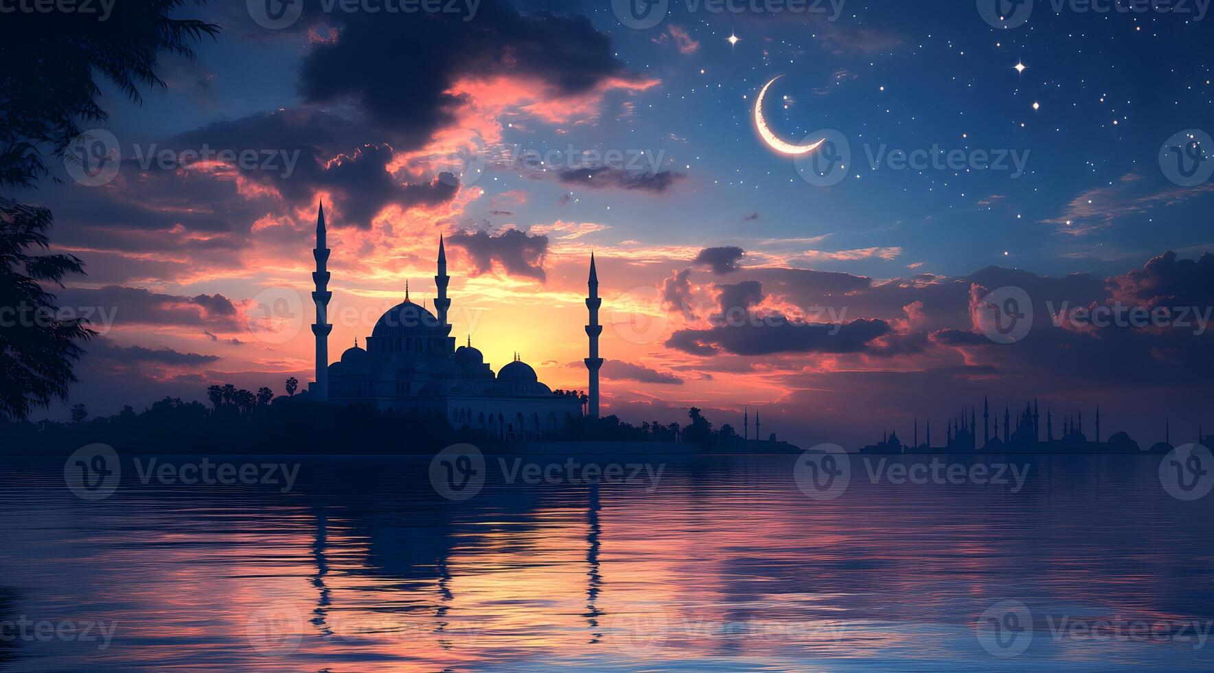 Majestic Mosque Silhouette at Sunset with Crescent Moon and Stars photo