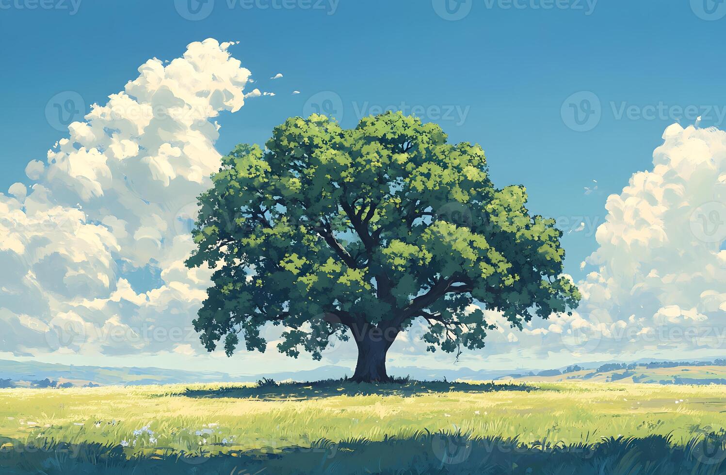 A solitary oak tree stands in a sunlit field under a blue sky photo