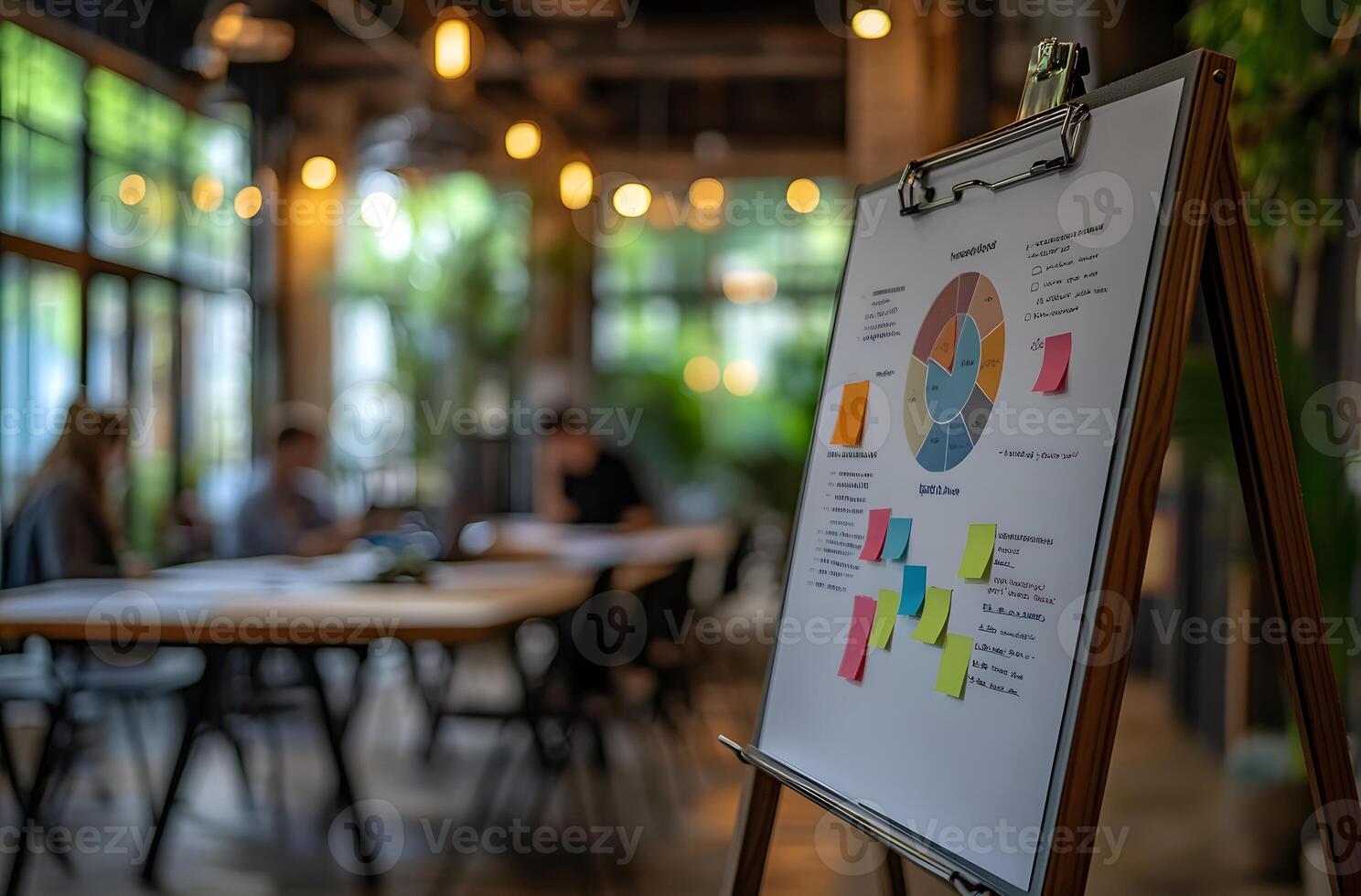 A whiteboard displays a pie chart and notes in a cafe setting photo