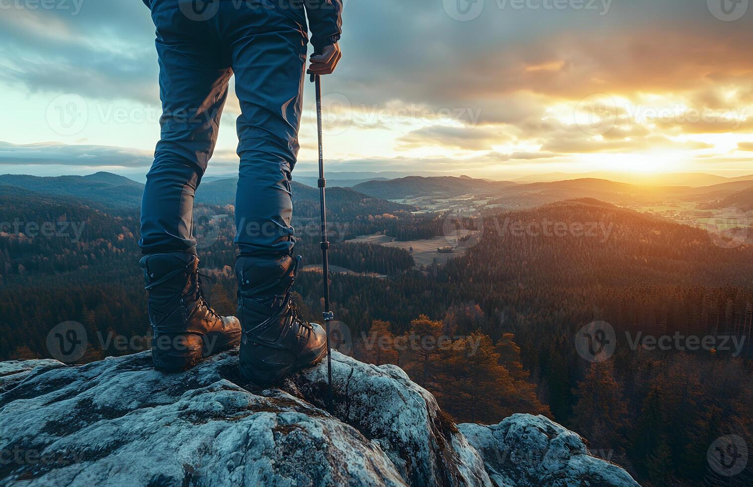 Hiker Contemplates Scenic Mountain Sunset View photo