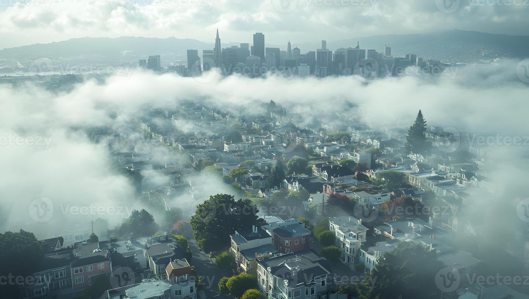 San Francisco Skyline Emerging From Foggy Neighborhood photo