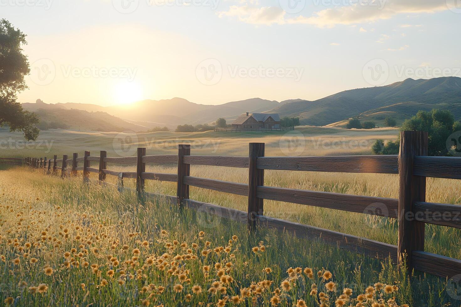 Rustic Farmhouse Sunset Over Golden Fields And Mountains photo