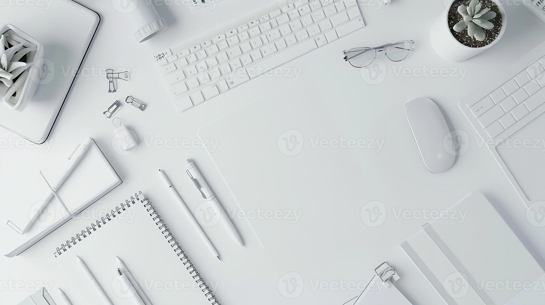 White desk with various office supplies photo
