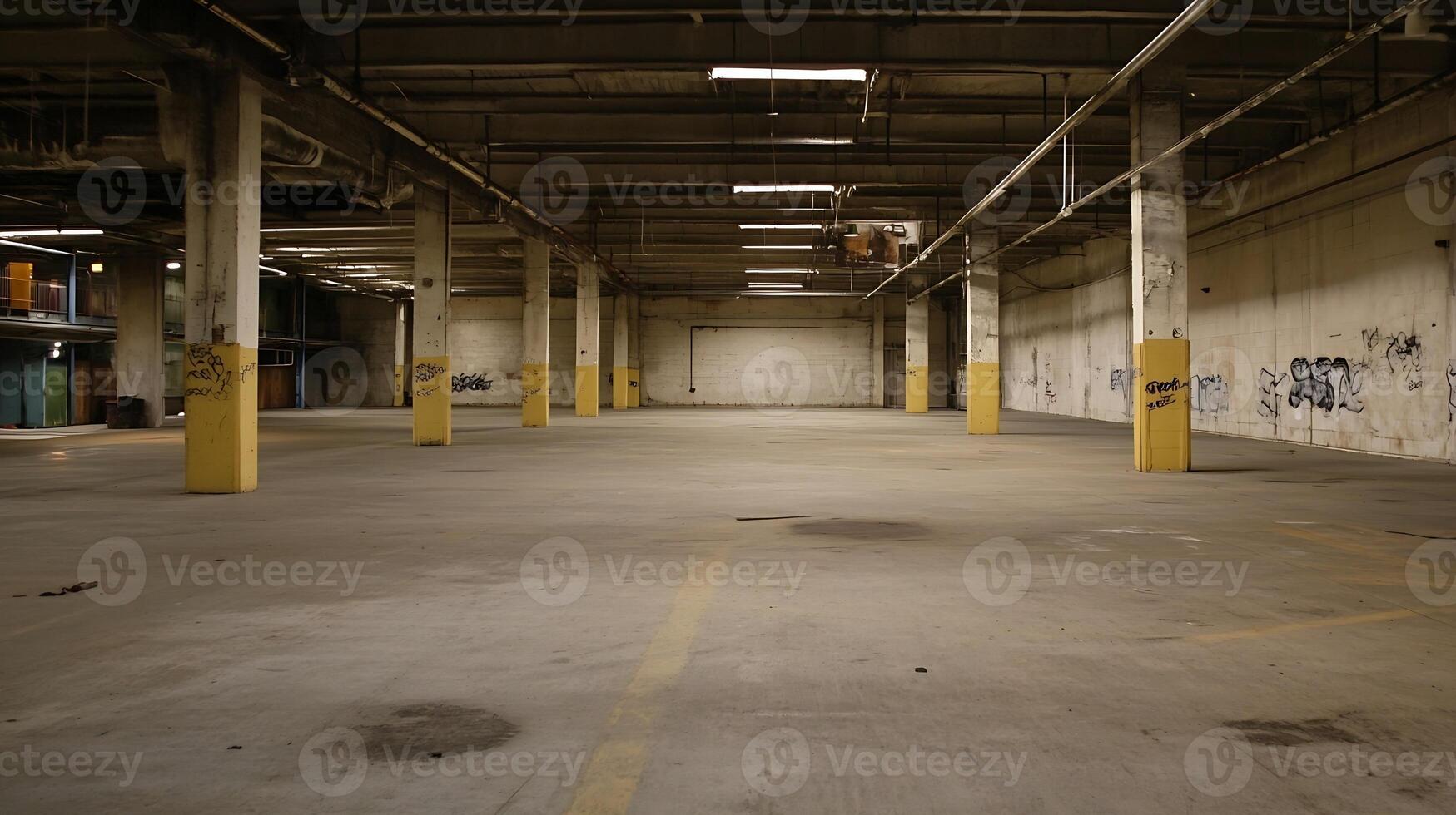 Spacious Abandoned Warehouse Industrial Urban Decay Scene photo