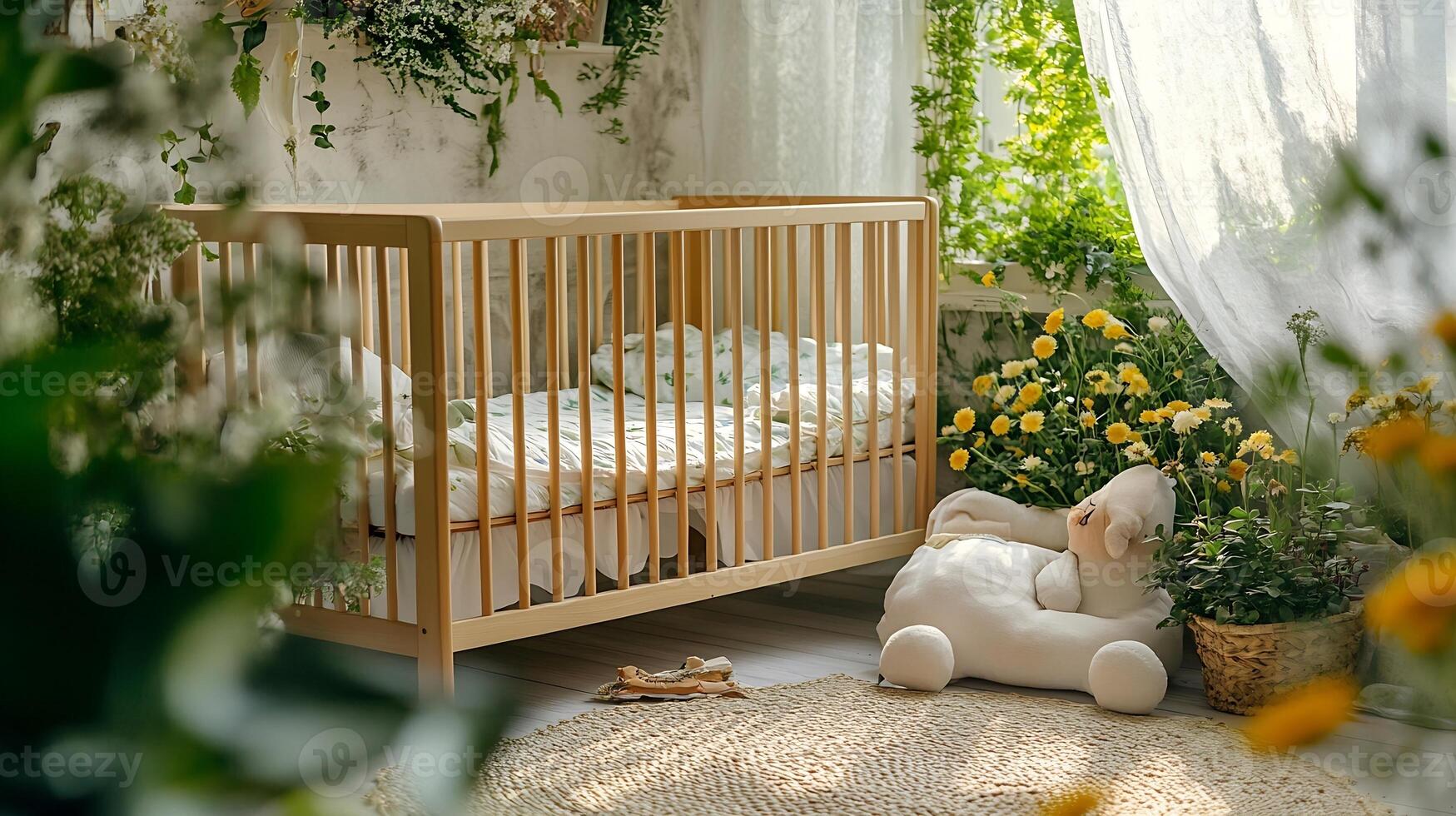 Peaceful Baby Nursery with Wooden Crib and Soft Toy in Greenery-Adorned Sunlit Room photo