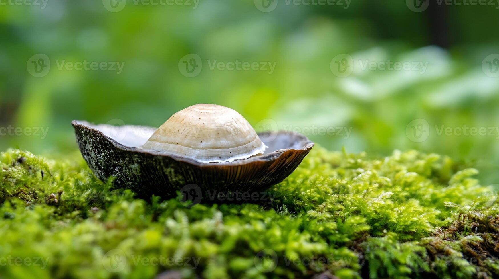 Moss-Covered Forest Floor With Snail Shell on Tree Bark Inspired by Woodland photo