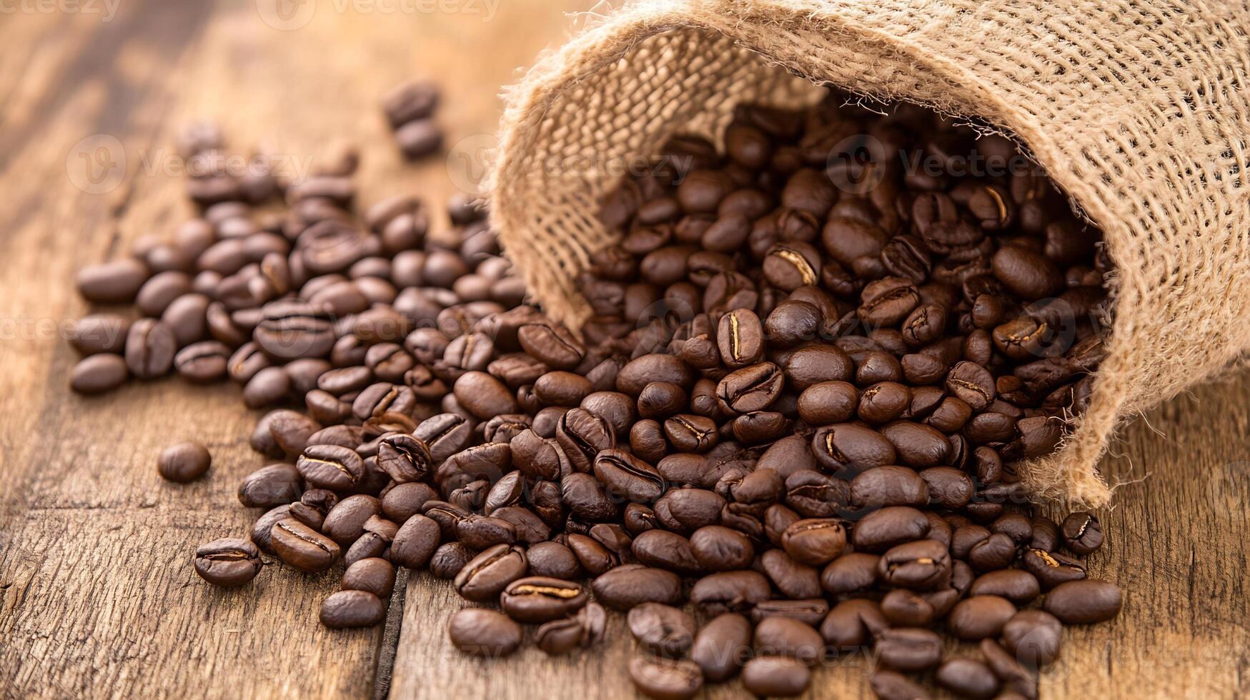 Rustic Coffee Beans Spilled from Burlap Sack on Wooden Table Top View photo