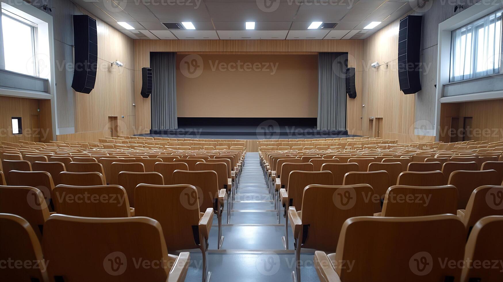 Empty Auditorium with Wooden Chairs and Large Stage in Conference Setting photo