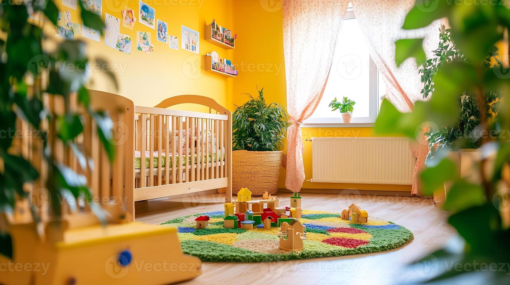 Bright and Cheerful Nursery Room with Wooden Crib and Colorful Toys for a Cozy Atmosphere photo
