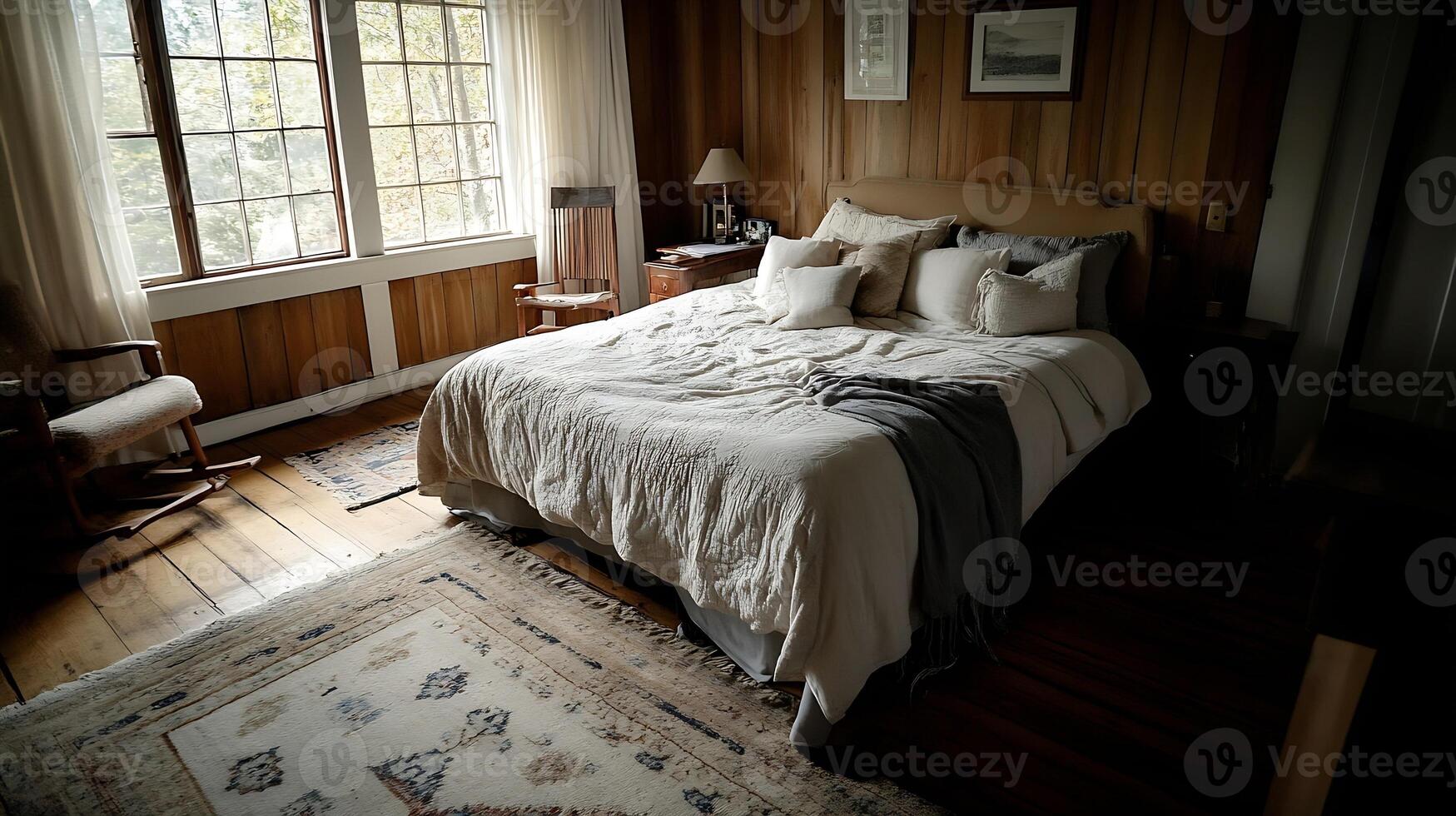 Cozy Rustic Bedroom with Vintage Decor and Natural Light Through Large Windows photo