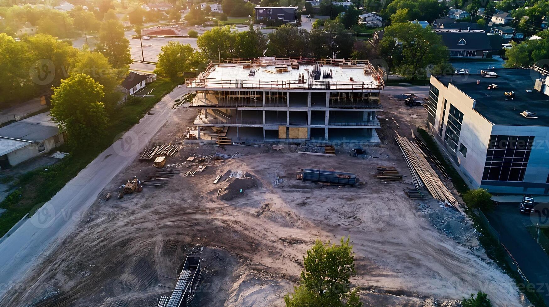 Aerial View of Urban Construction Site with Workers and Machinery at Sunset photo