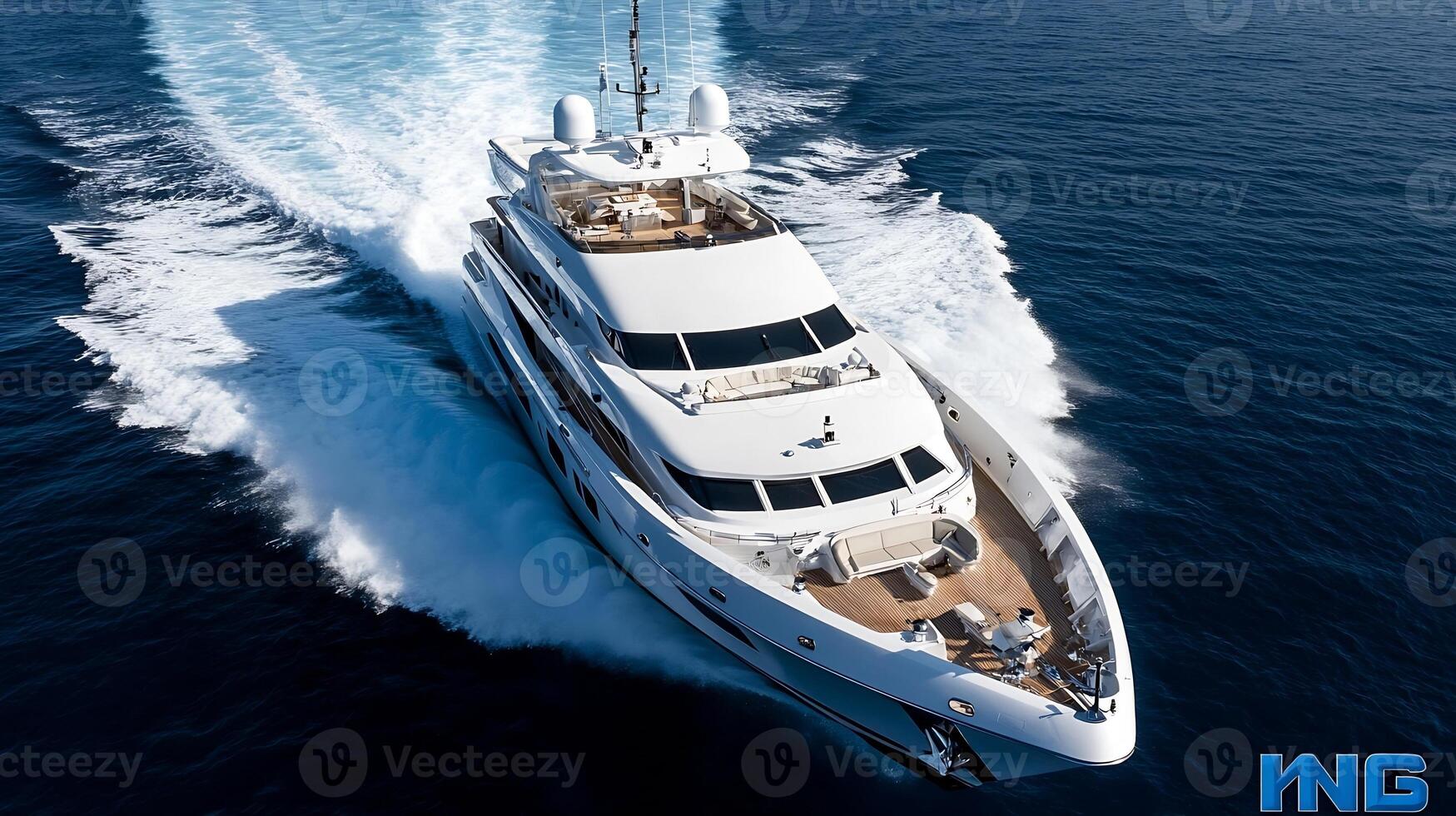 Dynamic aerial view of a luxurious yacht cruising at high speed in the ocean photo