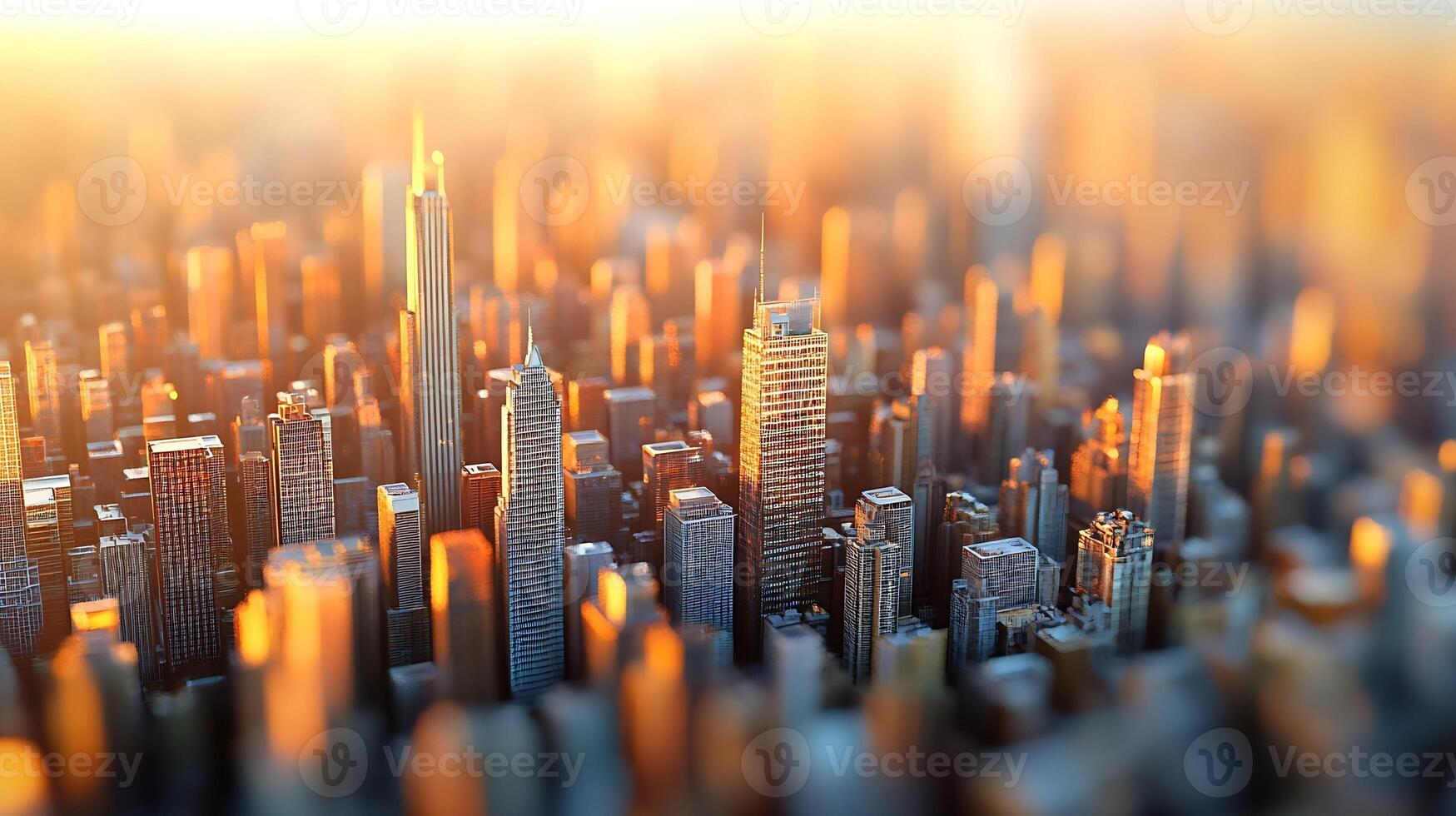 Aerial view of a glowing city skyline at sunset with golden hues and blurred foreground photo
